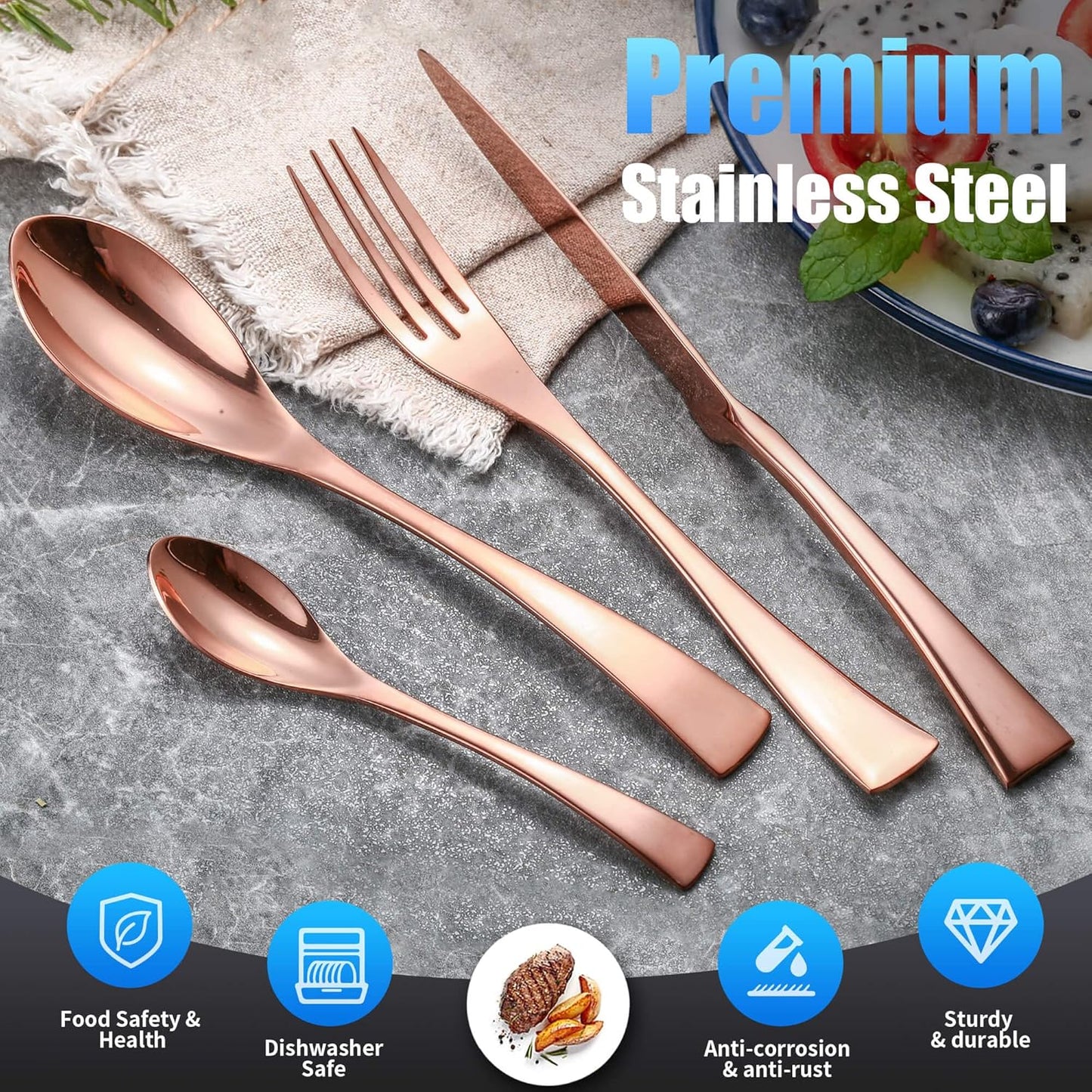 Lemeya 24-Piece Rose Gold Silverware Set for 6,18/10 Stainless Steel Cutlery Set with Forged Stand Knife,Modern Flatware Utensils Set,Forks Spoons and Knives Set,Mirror Polished,Dishwasher Safe