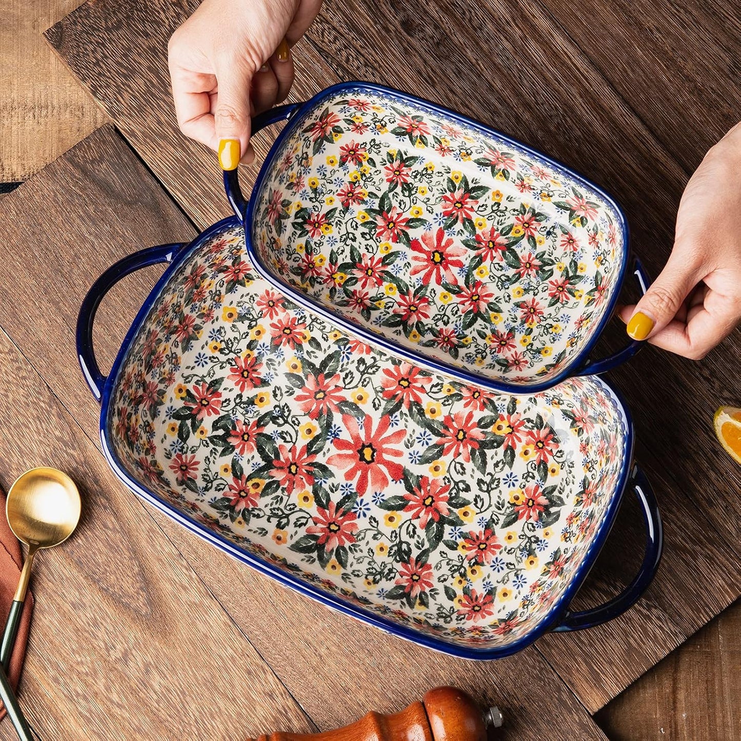 Baking Dish Ceramic Baking Pan Blue Casserole Dish Rectangular Baking Set 2pcs Bakeware Sets Lasagna Pan Baking Dishes for oven (Exotic Daisy)