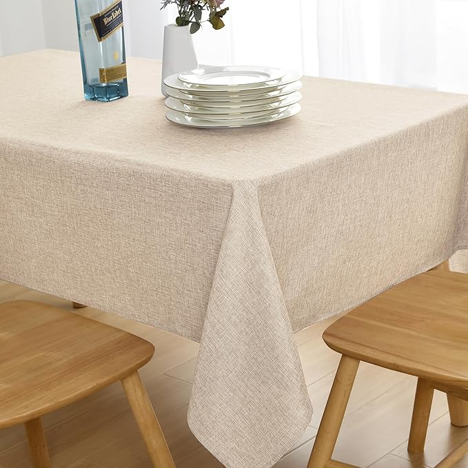 JIUZHEN Square Table Cloth Faux Linen Farmhouse Tablecloth Wrinkle and Stain Resistant Decorative Fabric Table Cover for Kitchen, Dining Room, Parties and Camping, Beige, 70 x 70 Inch