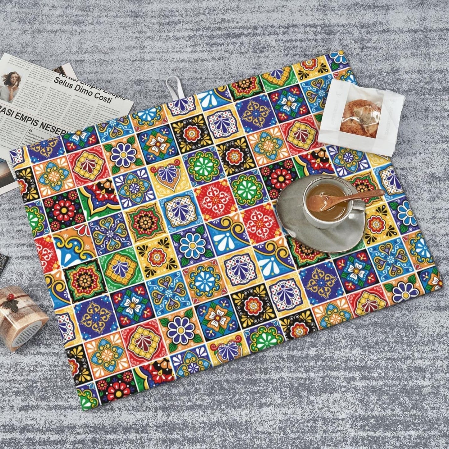 Mexican Talavera Tile Microfiber Dish Drying Mats, Colorful Absorbent Kitchen Mat for Dishes & Counter, 18 x 24 Inch Washable Foldable Reuasble, Kitchen Home Decor, Holiday Festival Housewarming Gift