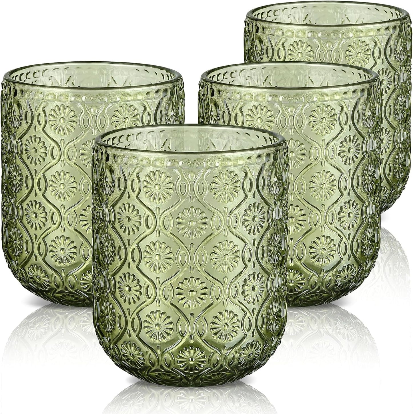 Joeyan Small Green Drinking Glasses,Vintage Embossed Floral Water Glass Tumbler Cups,Colored Beverages Cocktail Juice Wine Glassware,9 oz,Set of 4,Dishwasher Safe