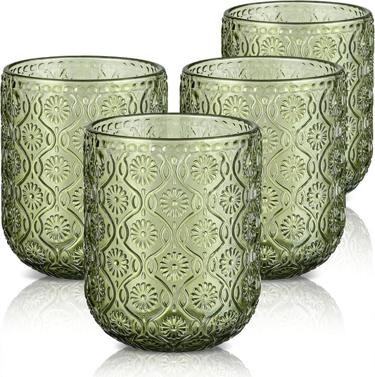 Joeyan Small Green Drinking Glasses,Vintage Embossed Floral Water Glass Tumbler Cups,Colored Beverages Cocktail Juice Wine Glassware,9 oz,Set of 4,Dishwasher Safe