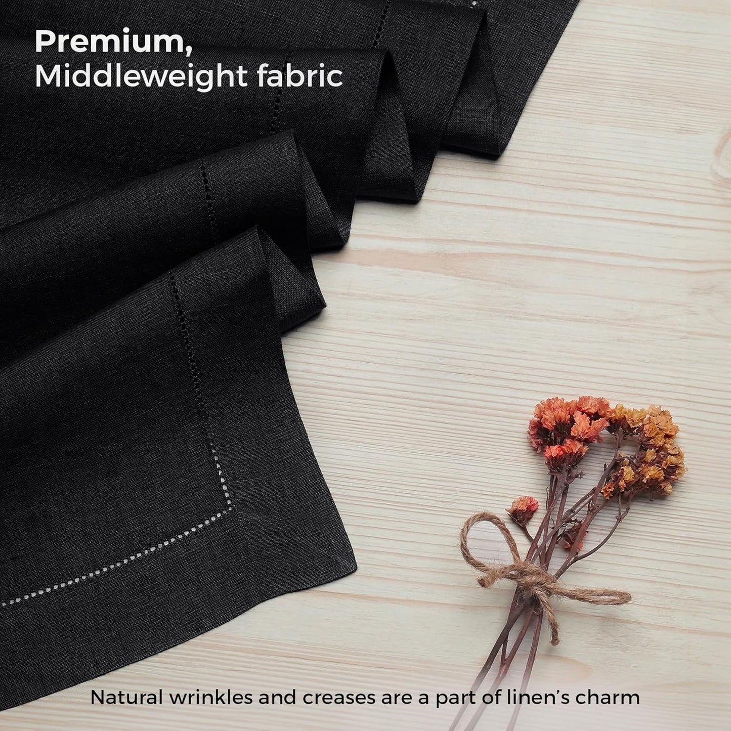 D'Moksha Homes Linen Black Table Runner 60 Inches - Classic Hemstitch, 100% Pure Linen Coffee Table Runner 14 x 60 Inch Ideal for Dresser Tables - Fall, Autumn and Halloween