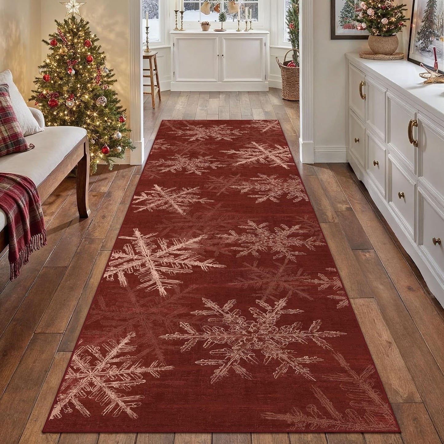 Snowflake Runner Rug 3x8 Red Christmas Hallway Carpet Washable Bedroom Carpet Xmas Holiday Decor Non Slip Kitchen Mat Indoor Decorative Throw Rug Dining Room Laundry Room Living Room
