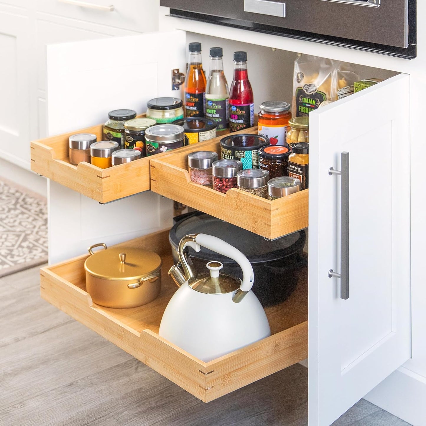 HOLDN’ STORAGE Bamboo Wooden Pull out Cabinet Organizer. 22" W x 21" D - Requires At Least a 23.25" W x 21" D. Cabinet Opening. W/Lifetime Limited Warranty. Bamboo Tray and Heavy gauge metal rails