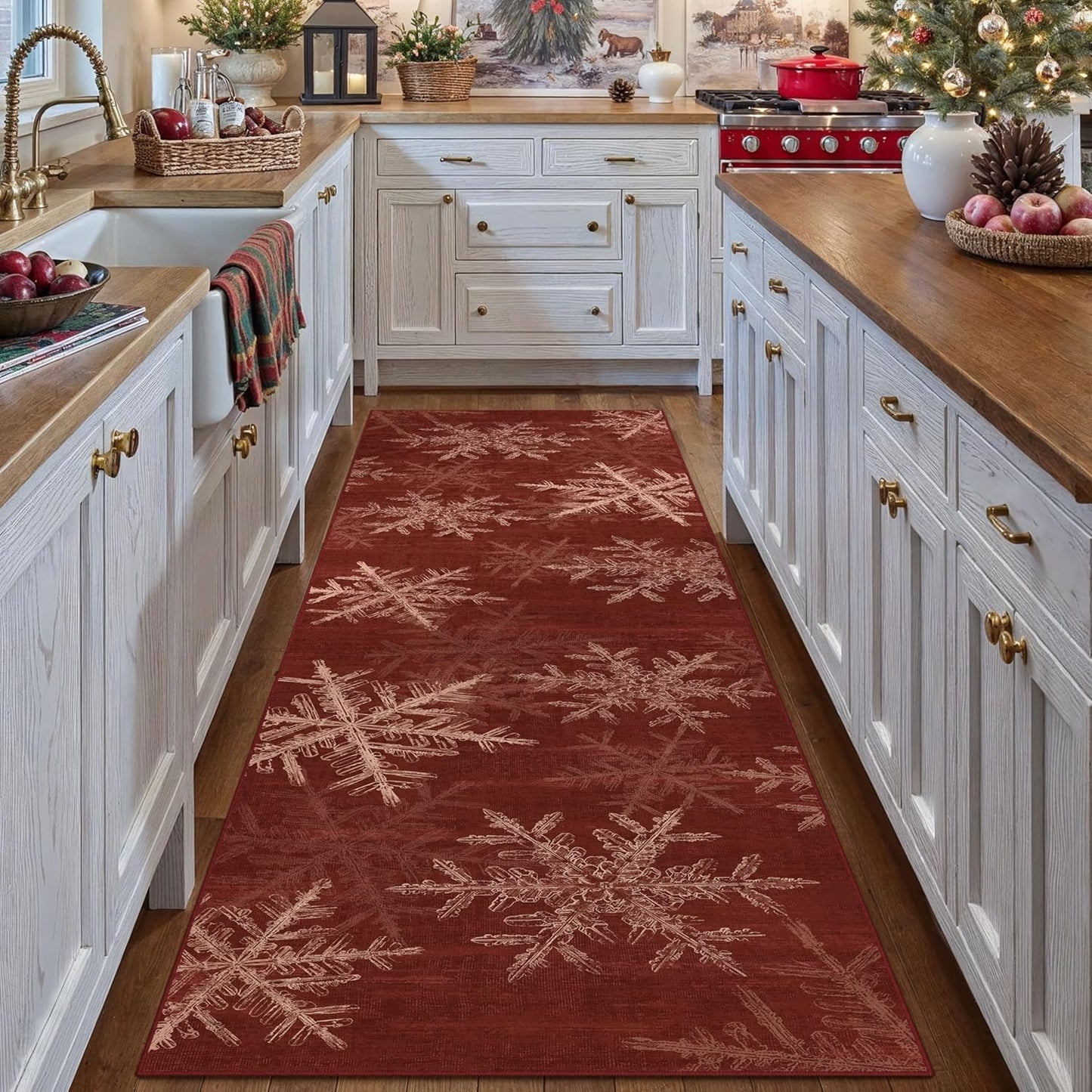 Snowflake Runner Rug 3x8 Red Christmas Hallway Carpet Washable Bedroom Carpet Xmas Holiday Decor Non Slip Kitchen Mat Indoor Decorative Throw Rug Dining Room Laundry Room Living Room