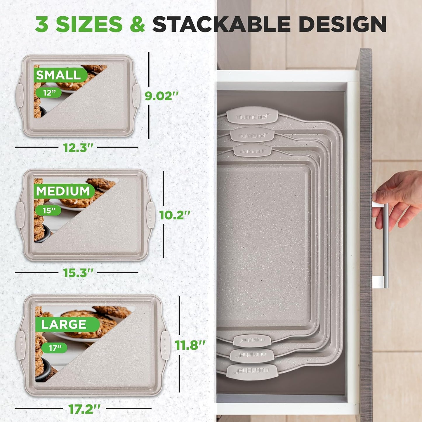 NutriChef 3 Piece Nonstick Cookie Sheets for Baking - Premium Carbon Steel Baking Pans with Black Silicone Handles - Even Heat Distribution, PFOA/PFOS/PTFE Free, Easy to Clean - Cream Marble, NCBKT3CM