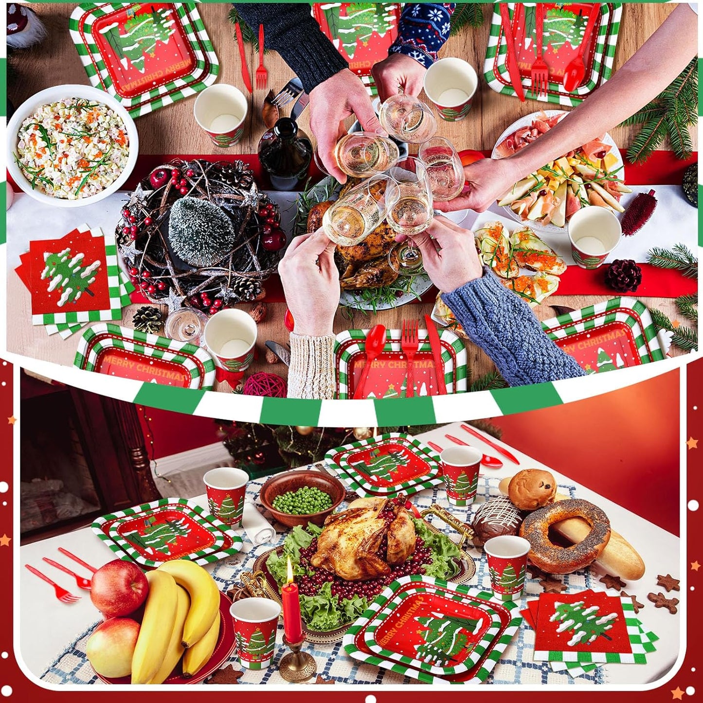 350 Pcs Paper Plates and Napkins Set Disposable Dinnerware Party Supplies Tableware Serve 50 Guest Cups Knife Forks Spoon(Red,Merry Christmas)