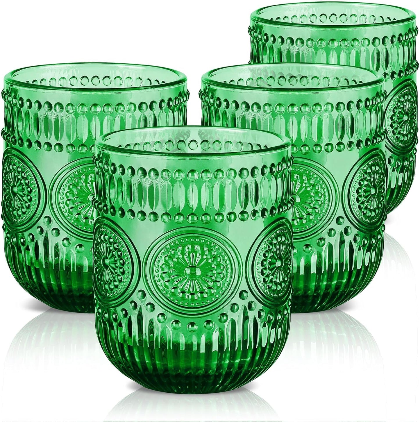 Joeyan Vintage Green Drinking Glasses Set of 4,9 oz Embossed Sunflower Small Water Glass Tumbler Cups,Colored Romantic Beaded Glassware for Beverages Cocktail Juice Wine,Dishwasher Safe
