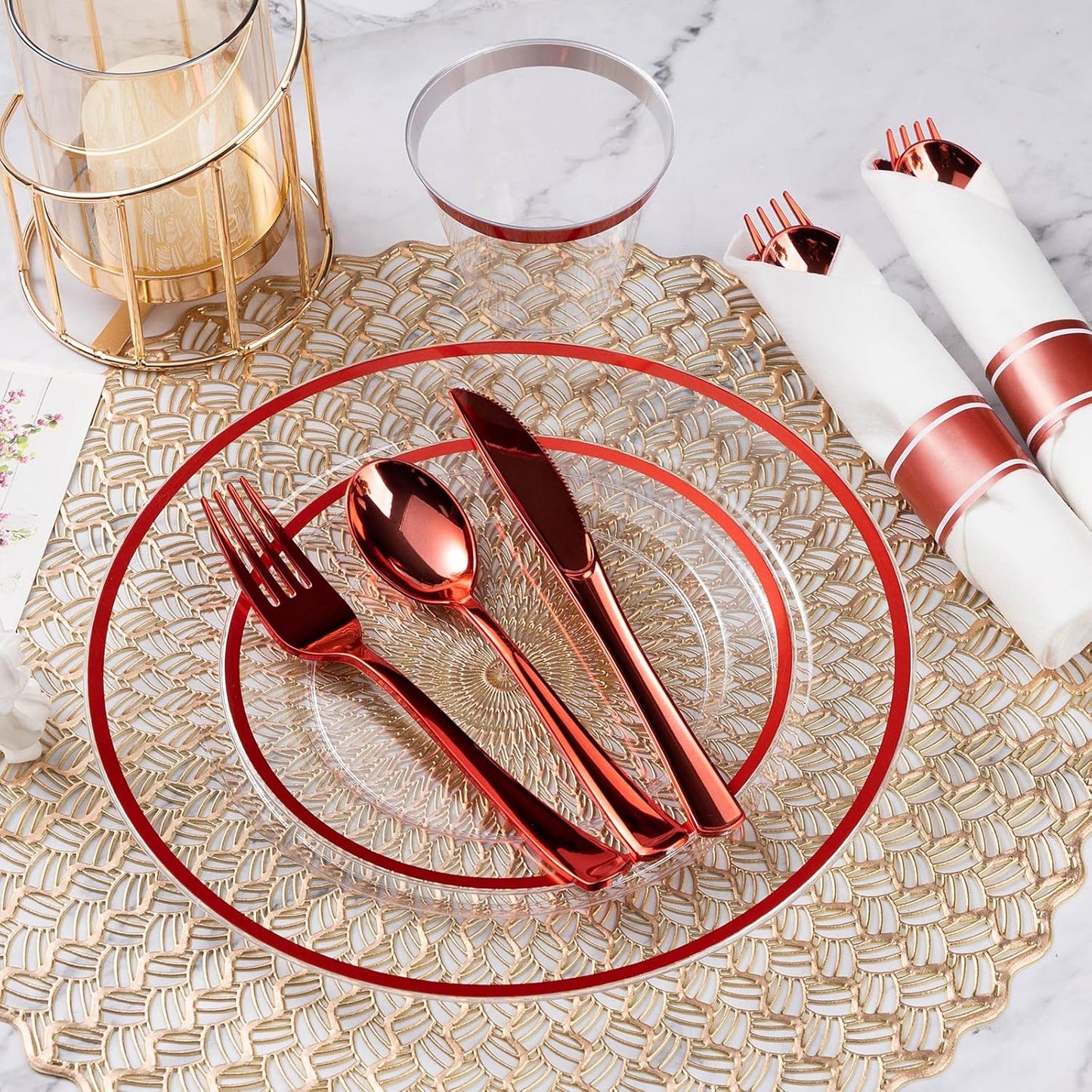 Goodluck 700 Piece Red Plastic Dinnerware Set for Party, Clear Disposable Plates for 100 Guests, Include: 100 Dinner Plates, 100 Dessert Plates, 100 Pre Rolled Napkins with Cutlery Set, 100 Cups