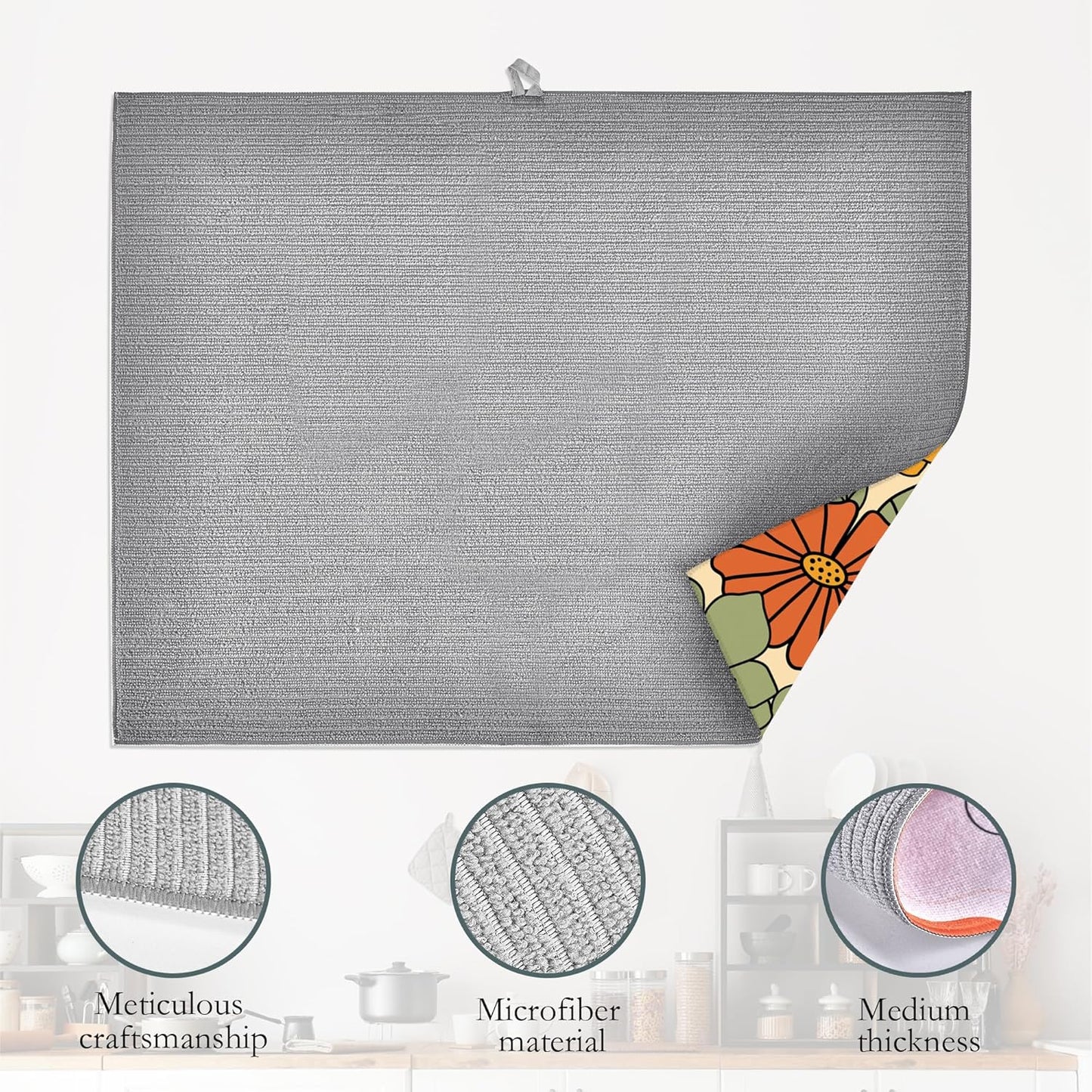 Retro 70s Groovy Flowers Dish Drying Mats 18x24 Inch,Daisy Boho Dish Pad Drying Rack Mat for Kitchen Counter Ultra Absorbent Microfiber Dishware Coffee Maker Bar Countertop Decor