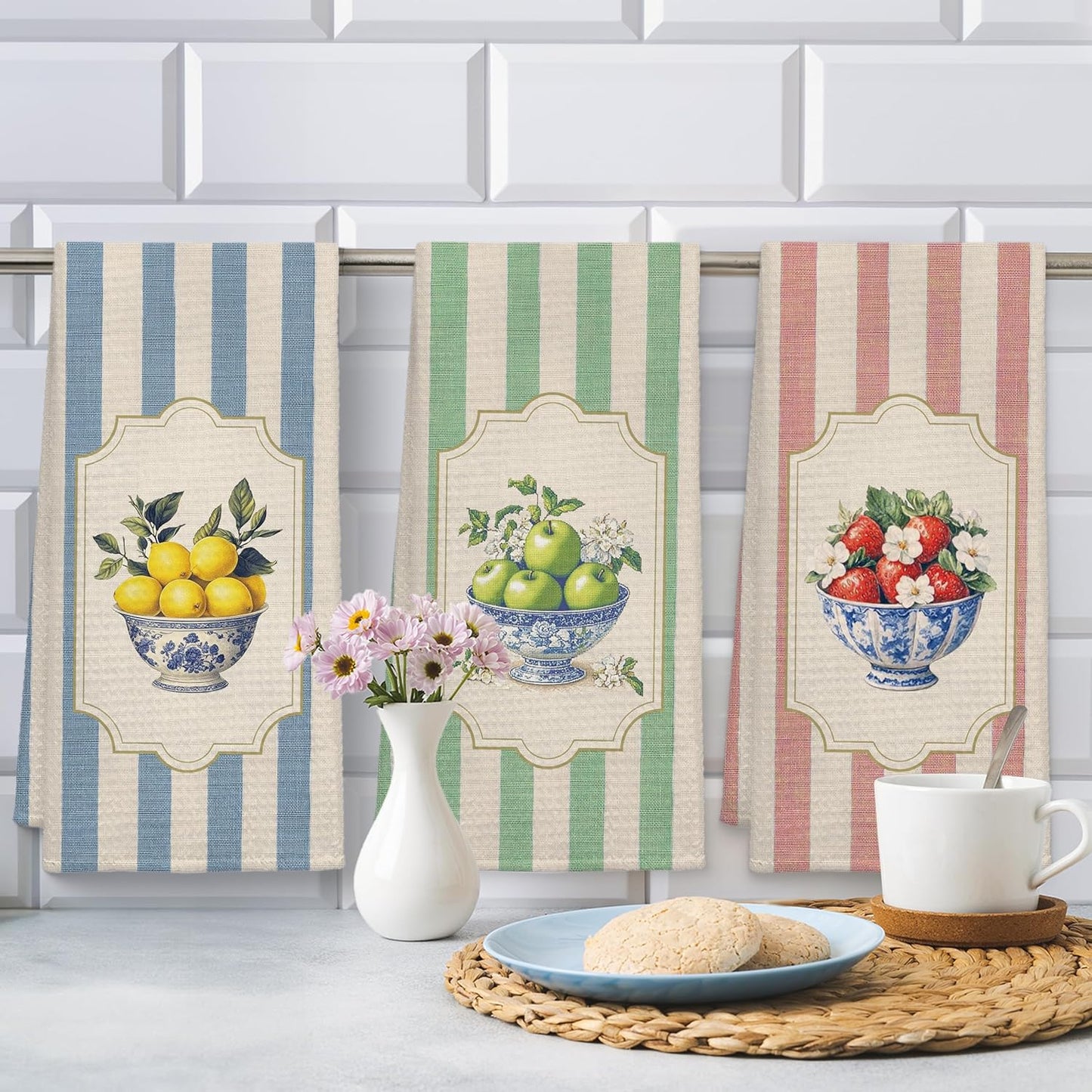 Chinoiserie Floral Fruit Kitchen Towels Set of 3, Retro Striped Lemon Apple Strawberry Dish Tea Towels for Kitchen Decor, Fruit Lover Gifts Decorative Hand Towel, 16x24 Inch