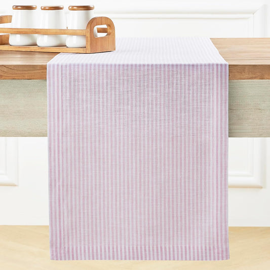 Solino Home Linen Striped Table Runner 120 Inches Long - Narrow Stripe 100% Pure Linen Pink and White Dining Table Runner 14 x 120 Inch for Halloween