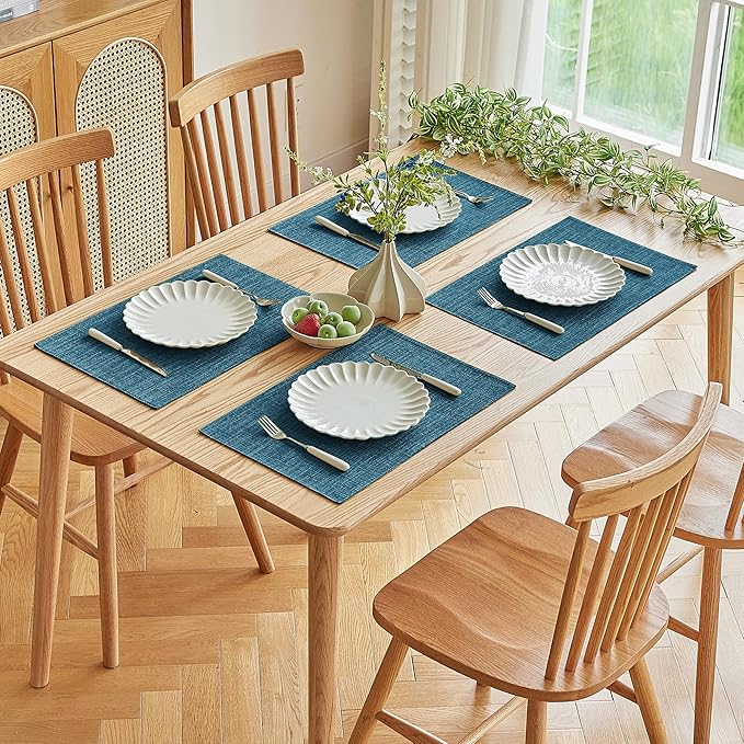 Softalker Faux Linen Placemats Set of 6-12 x 18 Inch, Heat Resistant Double Layered Durable Burlap Farmhouse Place Mats, Non-Slip Washable Rustic Table Mats for Dining, Kitchen, Party（Teal