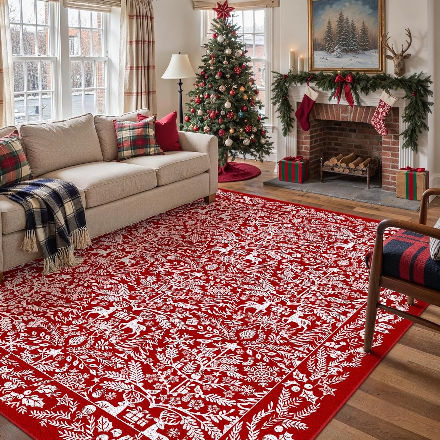 Christmas Area Rug 8x10 Machine Washable Xmas Snowflake Holiday Decor Living Room Rugs Low Pile Carpet Indoor Doormat Red Non-Slip Christmas Deer Carpet for Bedroom Kitchen Dining Bathroom
