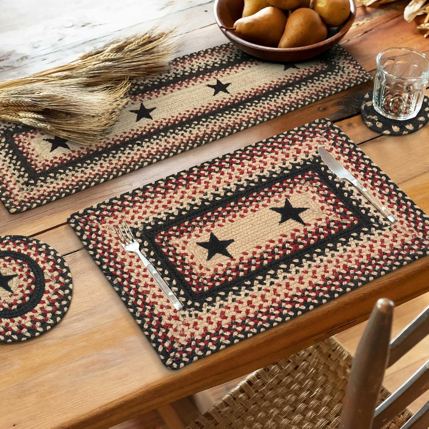 Homespice Primitive Star Gloucester Jute Braided Long Table Runner, Warm Primitive Decor, Black and Red Rectangle 11x36 - Rich Colors, Easy to Clean, Durable and Protects Furniture