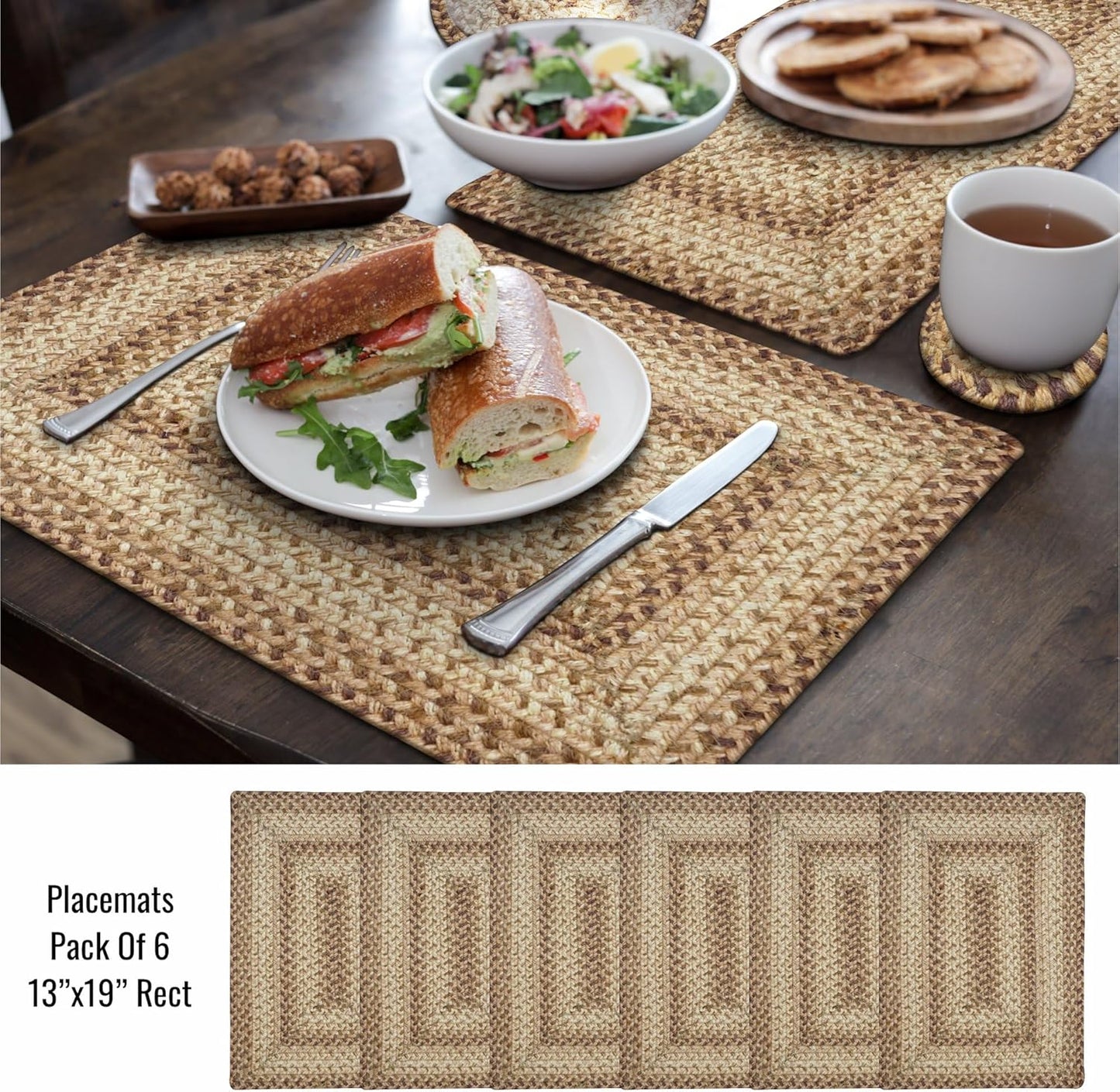 Homespice Cookie Dough Dining Placemats, Warm Country Decor, Set of 6, Brown - 13x19 Rectangle Table Mats - Vibrant Colors, Durable, Easy to Clean and Protects Furniture