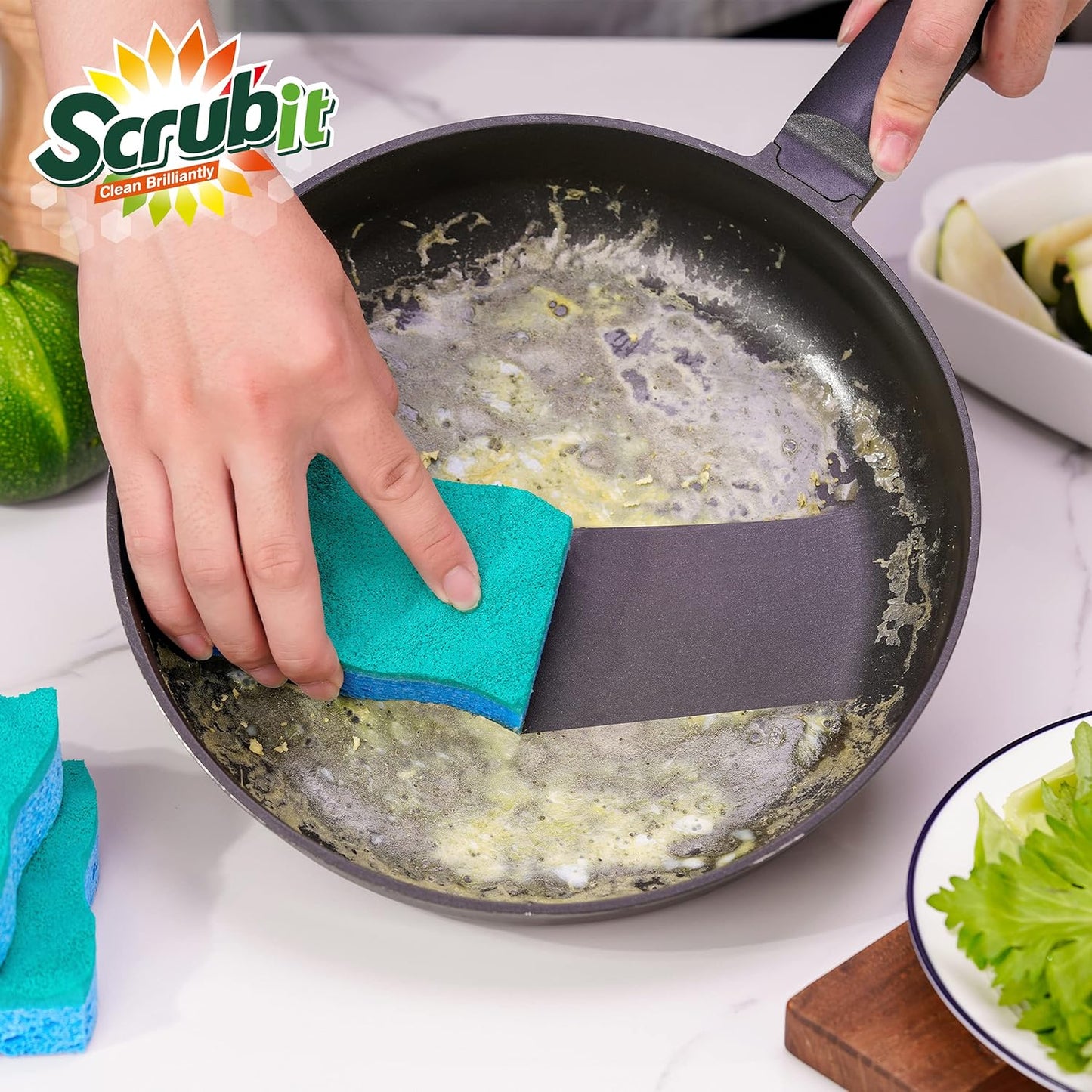 SCRUBIT Multi-Use Scrub Sponge – Non-Scratch Kitchen Sponges for Dishes, Pots & Pans - Heavy Duty & Odor-Free Rippled Scrubbing Pad, Designed for Tough Cleaning Jobs, 6 Count