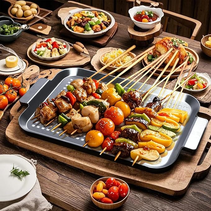 Grill Pan Set of 2, BBQ Grill Topper for Outdoor Grill, Stainless Steel Grilling Baskets with Holes and Handles, Perforated Food Tray Barbecue Accessories for Vegetable, Fish, Middle x 2