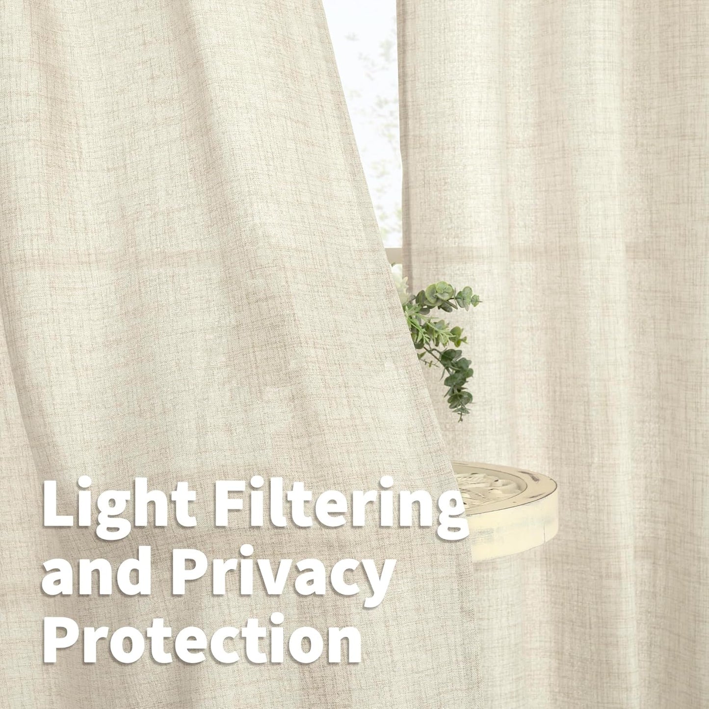 YoungsTex Linen Curtains 102 Inch Length for Living Room, Light Filtering Semi Sheer Window Treatments with Bronze Grommet for Bedroom Farmhouse, 52 x 102 Inch, 2 Panels