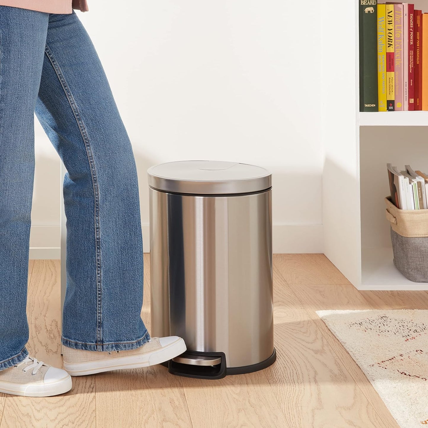 Amazon Basics Round Cylindrical Home Office Trash Can With Soft-Close Foot Pedal, 20 l /5.3 gallon, Brushed Stainless Steel