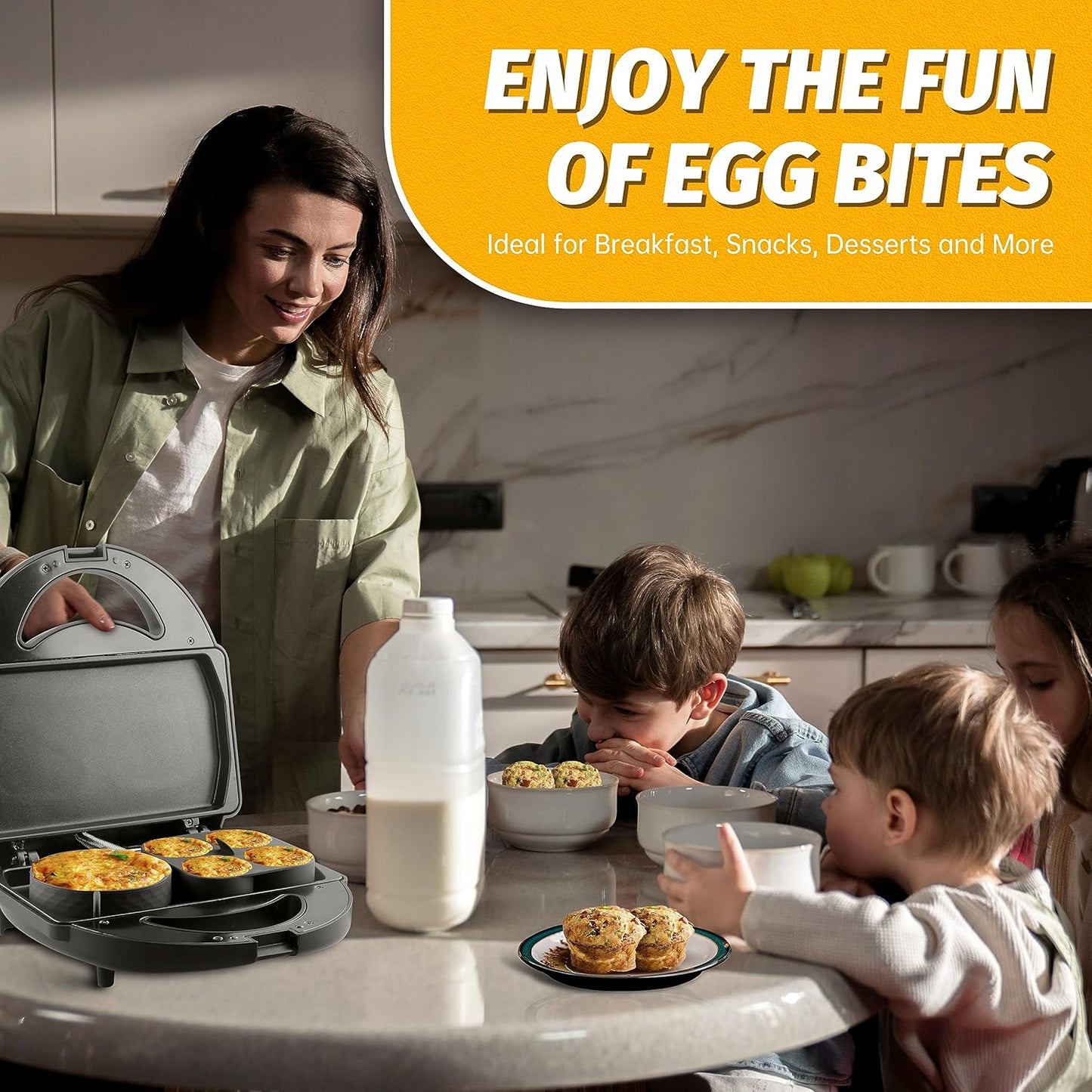 Sous Vide Style Egg Bite Maker Machine with 4 Silicone Molds, Grilled Cheese Maker, Mini Griddle, Ideal for Breakfast Sandwiches, Snacks, Desserts, 8 Mini Egg Bites & 2 Large Egg Bites