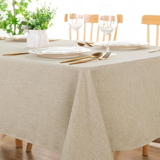 DWCN Faux Linen Tablecloth Rectangle - Beige Tablecloths Fabric Waterproof Spill-Proof Wrinkle and Stain Resistant Decorative Farmhouse Table Cover for Kitchen Dining Party, 60 x 84 Inch