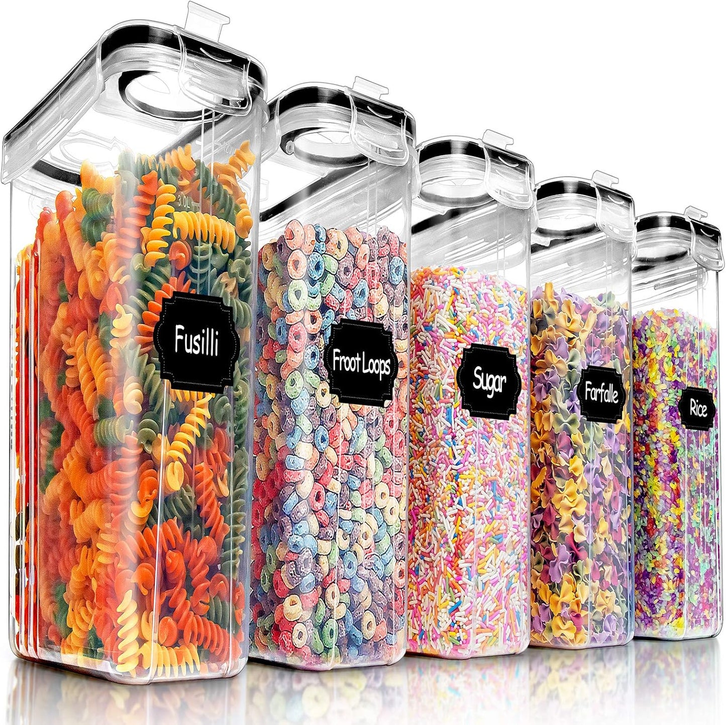 PRAKI 5PCS Cereal Containers Storage Set, BPA Free Airtight Food Storage Container Set with Lids, Kitchen Pantry Organization and Storage for Sugar, Baking Supplies with 20 Labels & Mark(4L Black)