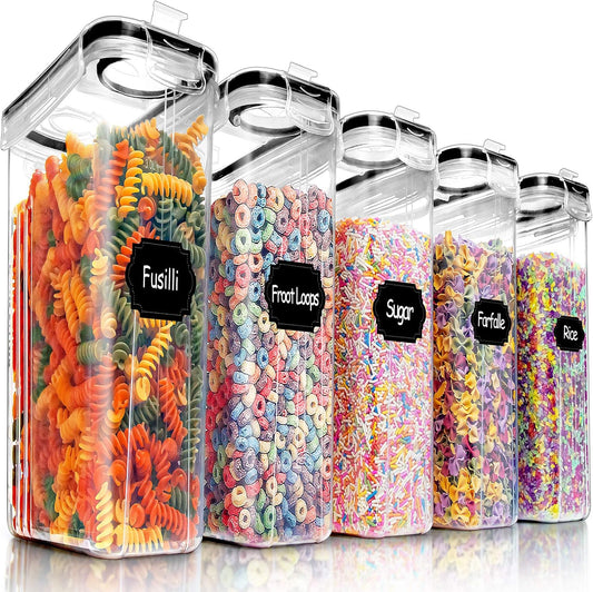 PRAKI 5PCS Cereal Containers Storage Set, BPA Free Airtight Food Storage Container Set with Lids, Kitchen Pantry Organization and Storage for Sugar, Baking Supplies with 20 Labels & Mark(4L Black)