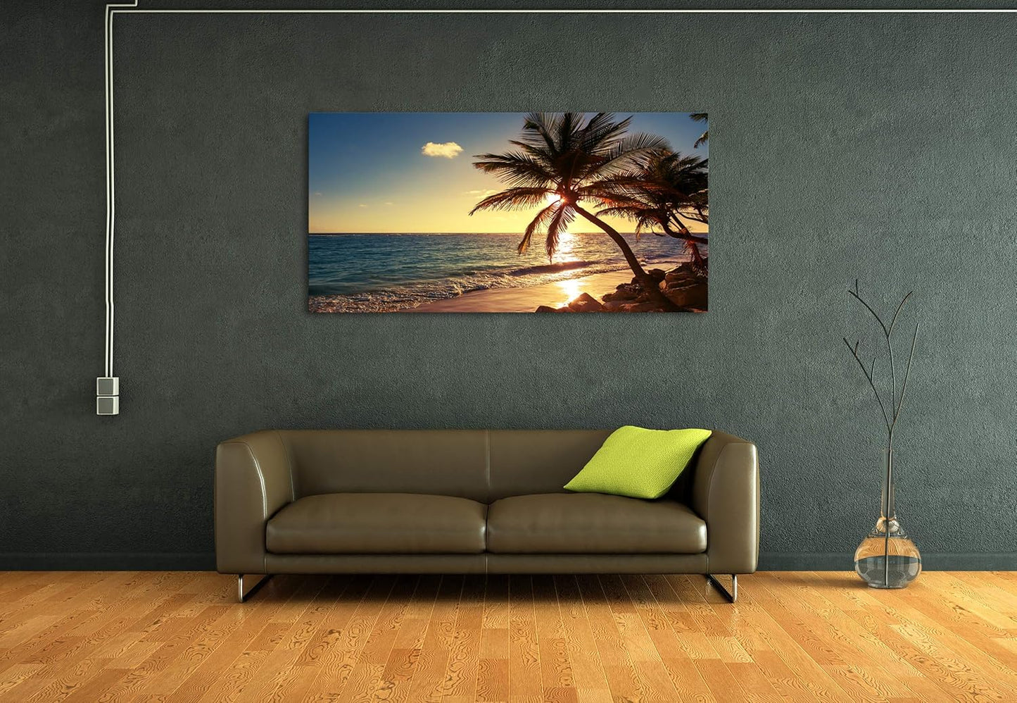 Muolunna S04962 Wall Art Decor Large Canvas Print Picture Sunset Ocean Beach Waves 1 Panel Coconut tree Scenery Painting Artwork for Office Home Decoration Stretched and Framed Ready to Hang XLarge
