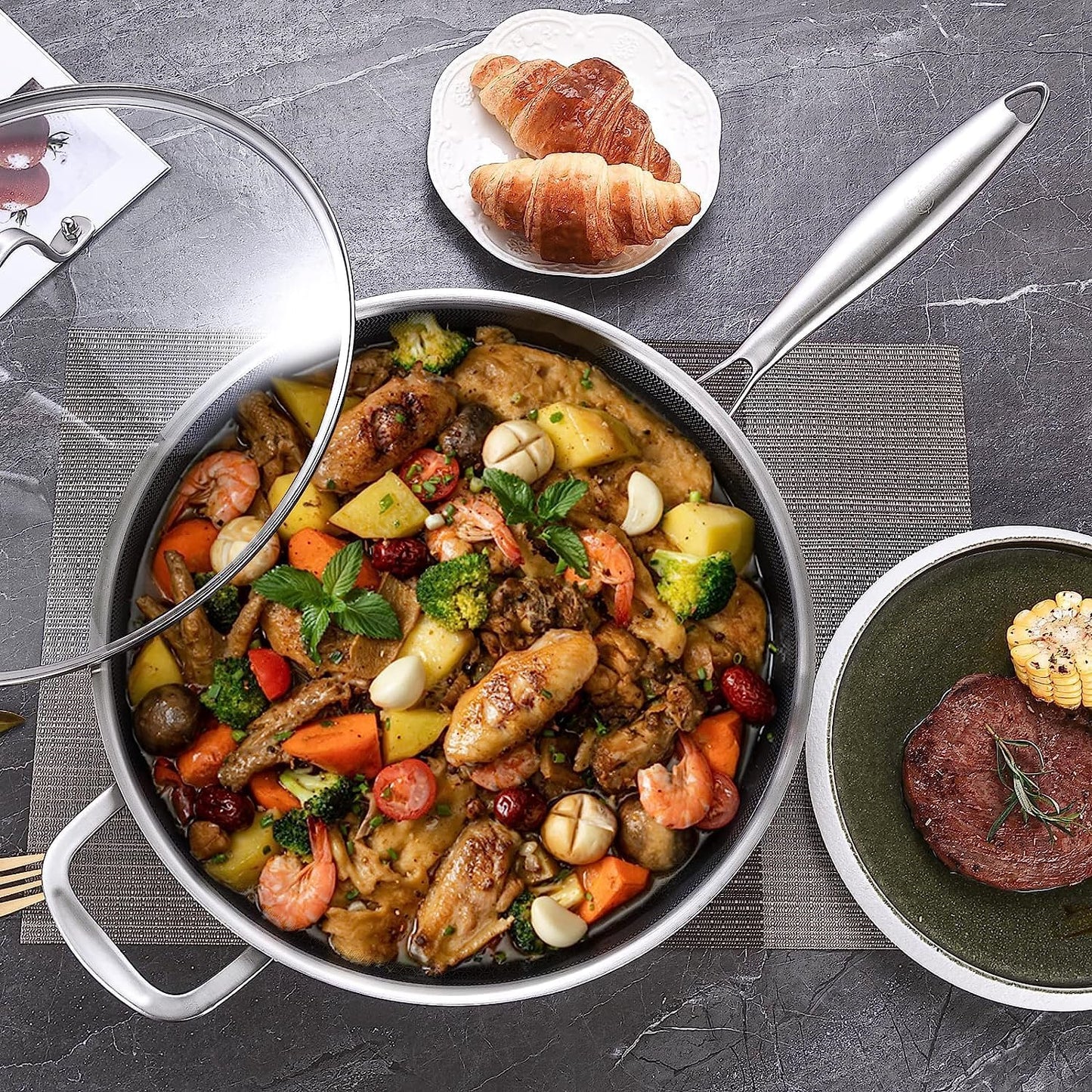 LOLYKITCH 10 Piece Kitchen Cookware Set,Hybrid Tri-ply Stainless Steel Pots and Pans Set,Induction Cookware,Heavy Duty,Dishwasher and Oven Safe.