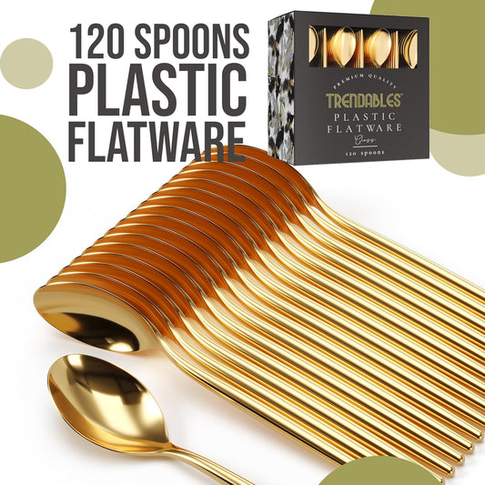 Gold Plastic Spoons Disposable Silverware 120 Pack Gold Plastic Cutlery Set Disposable Gold Silverware Set - Beautiful Gold Plastic Silverware Plastic Utensils Set Gold Spoons By Trendables