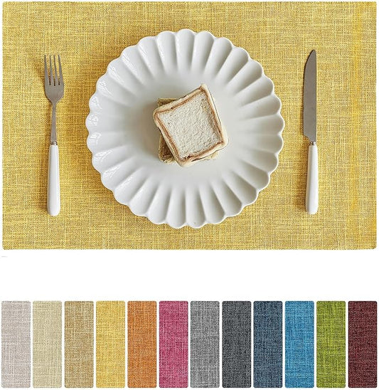 Softalker Faux Linen Placemats Set of 12-12 x 18 Inch, Heat Resistant Double Layered Durable Burlap Farmhouse Place Mats, Non-Slip Washable Rustic Table Mats for Dining, Kitchen, Party（Yellow