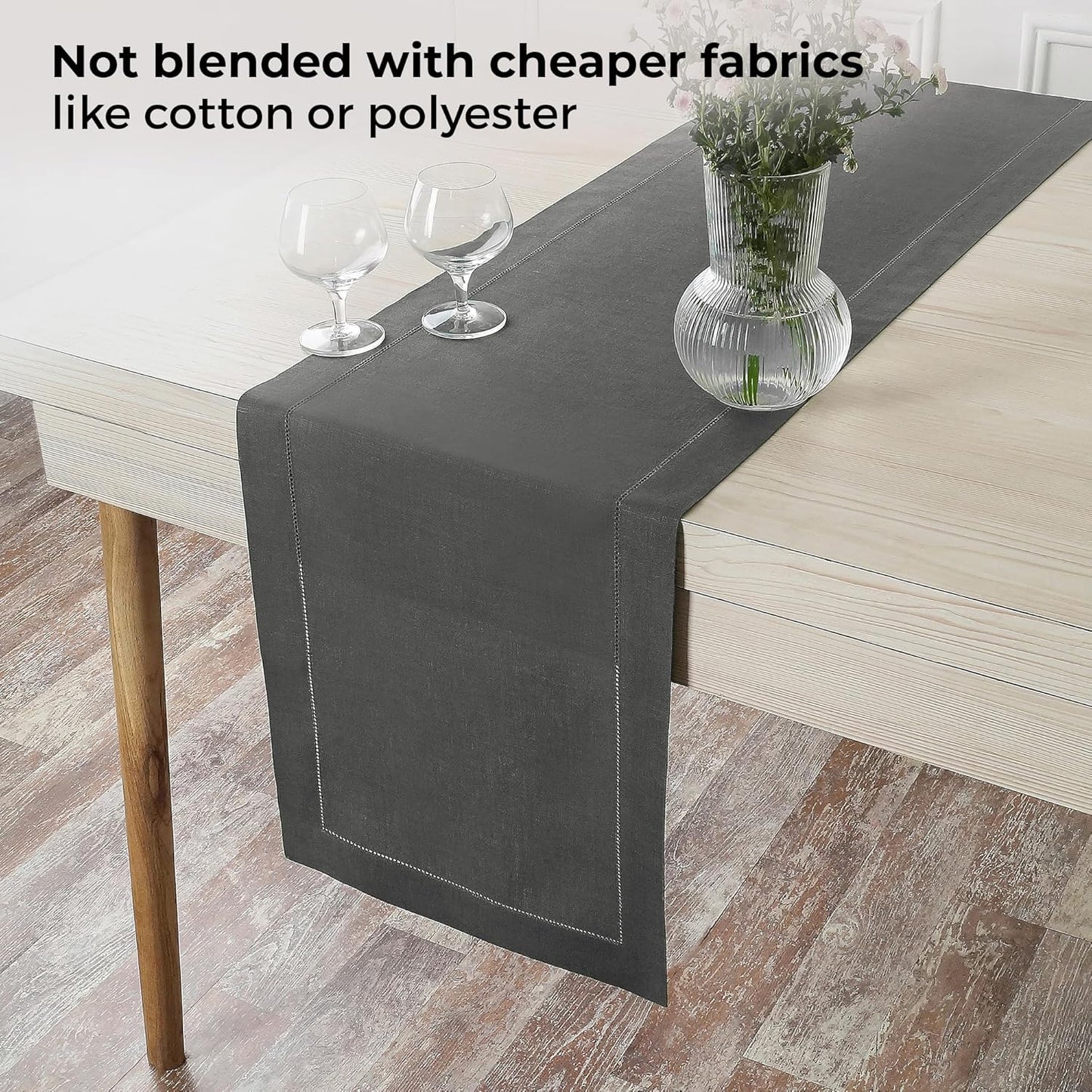 D'Moksha Homes Linen Charcoal Grey Table Runner 132 Inches Long - 100% Pure Linen Extra Long Table Runner 14 x 132 Inch for Fall, Autumn and Halloween - Classic Hemstitch