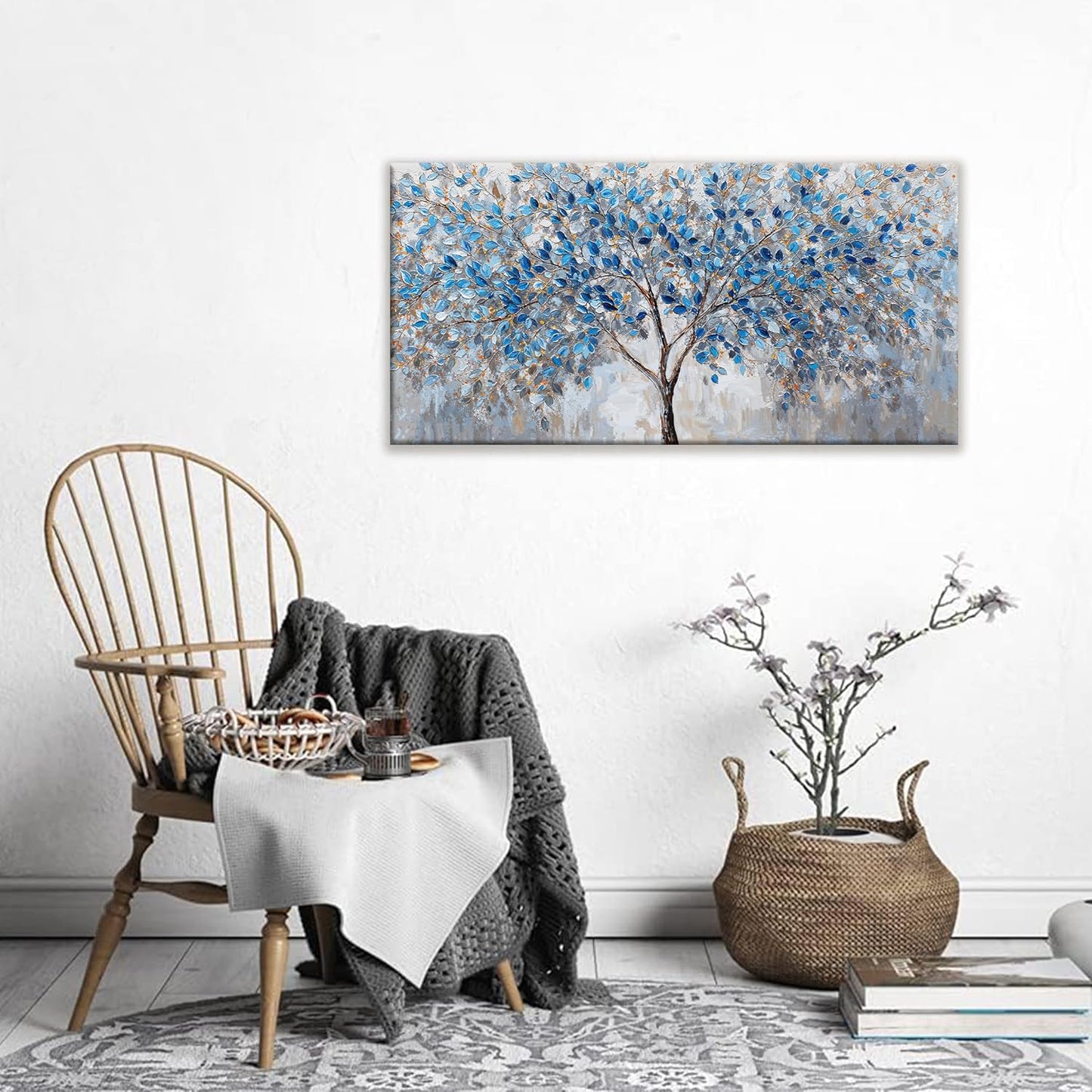Blue White Tree Leaves Wall Art Decor Canvas Prints Ready To Hang Room Wall Decor Wall Pictures For Living Room Office Kitchen Bathroom Bedroom 20x40 Inch