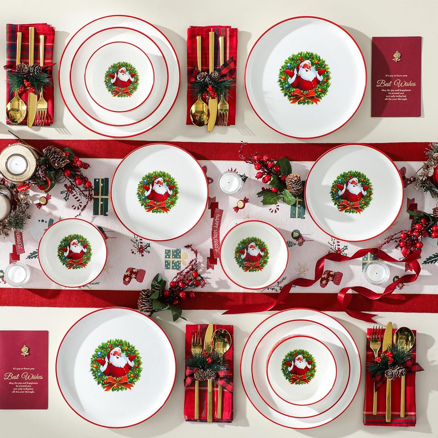 MALACASA Plates and Bowls Sets, 12 Pieces Christmas Porcelain Dinnerware Set for 4, Ceramic Dishware Dishes Kitchen Dinner Dining Ware Set, Microwave and Dishwasher Safe, Series LUNA-Santa Claus
