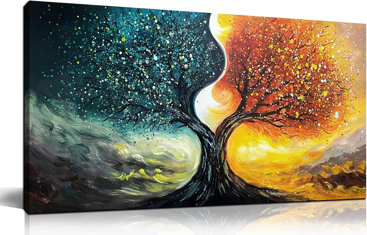 Tree Pictures Wall Decor for Living Room - Abstract Hand Painted Wall Art for Office - Teal and Gold Wall Art for Bedroom Size 20" x 40"