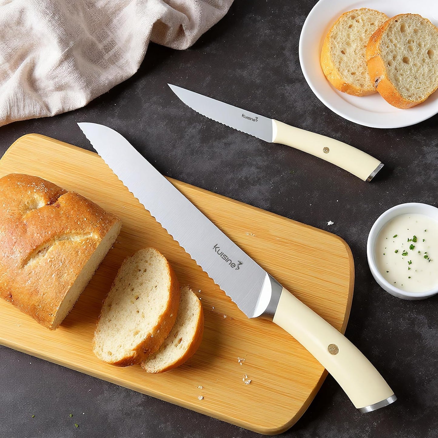 KUISINE Knife Set High Carbon Stainless Steel Super Sharp Blade Ergonomic Rivet Handle,Knife Block Set with Built-in Sharpener Upgraded(Ivory Acacia Pro 15PCS)