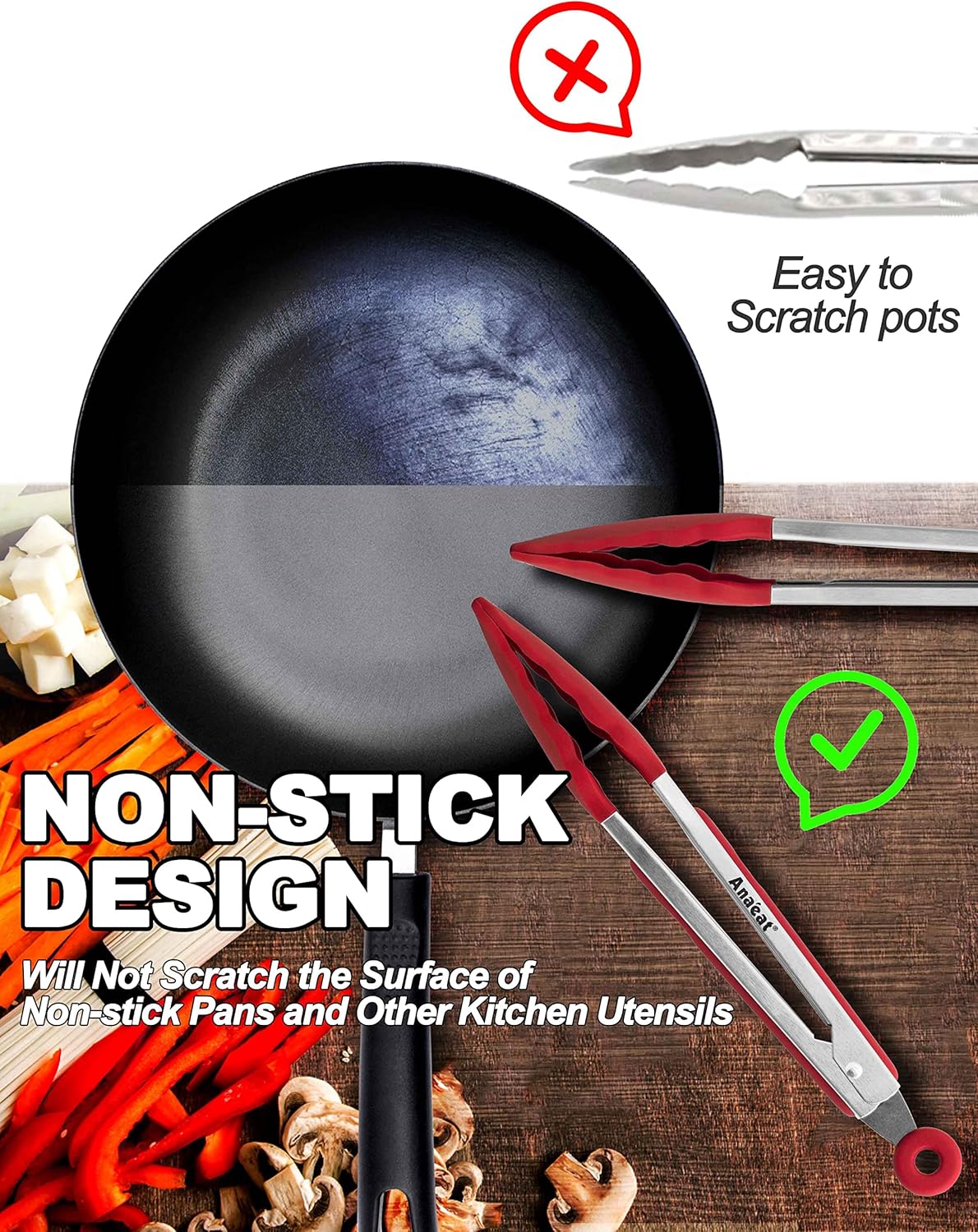 Anaeat Non-Stick Silicone Locking Tong Set of 3 - Stainless Steel 7", 9" and 12" Kitchen Food Tongs with Non-Slip Silicone Tips and Grip for Cooking, Baking and BBQ - Heat Resistant up to 480°F