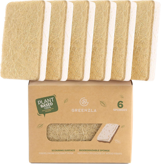 Greenzla Kitchen Sponges, Odor Free Plant-Based Dish Sponges, Non-Scratch Sisal Hemp Scouring Pads for Dishes, Countertops, Bathtubs, and Tiles, 6 Pack