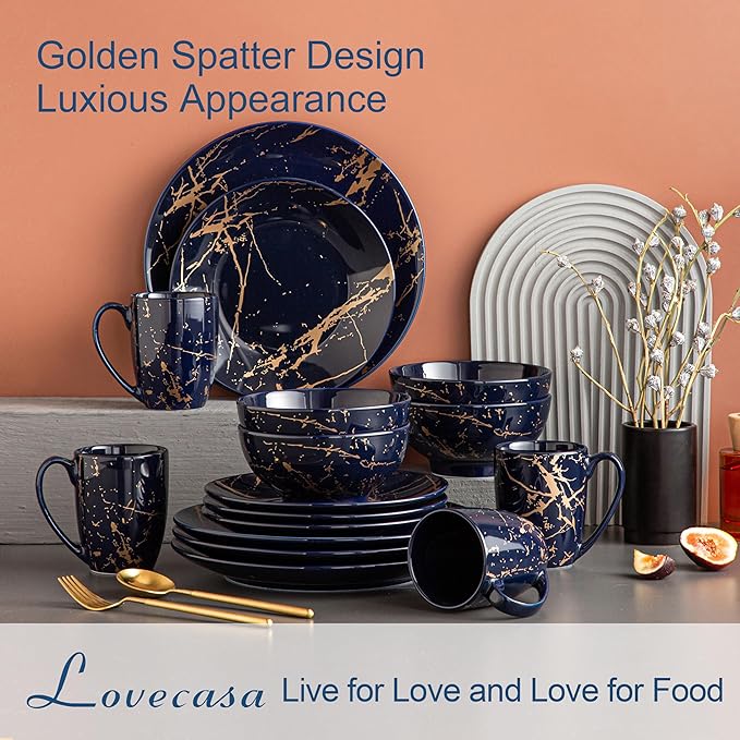 LOVECASA Porcelain Dinnerware Sets for 4, 16 PCS Plates and Bowls Set, Color Glaze with Gold Plate Dish Set, Dinner Sets with Dinner Plates, Dessert Plate, Bowls and Mugs, Dark Blue
