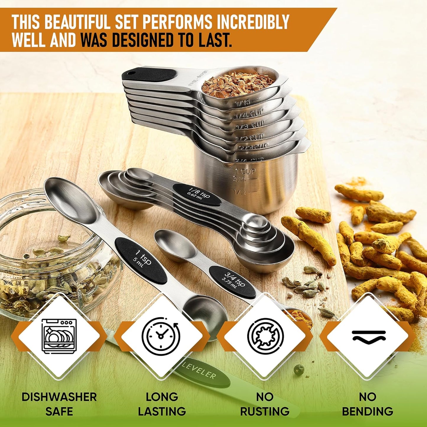 Spring Chef Magnetic Measuring Cups & Spoons Set, Patented, Strong N45 Magnets, Heavy Duty Stainless Steel Fits in Spice Jars for Baking & Cooking, BPA Free, Round Set of 15 with Leveler, Black
