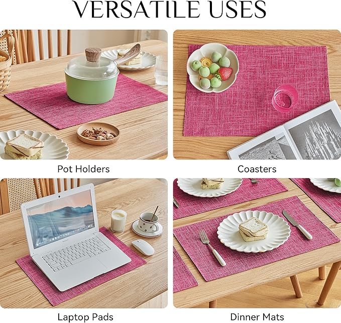 Softalker Faux Linen Placemats Set of 8-12 x 18 Inch, Heat Resistant Double Layered Durable Burlap Farmhouse Place Mats, Non-Slip Washable Rustic Table Mats for Dining, Kitchen, Party（Pink