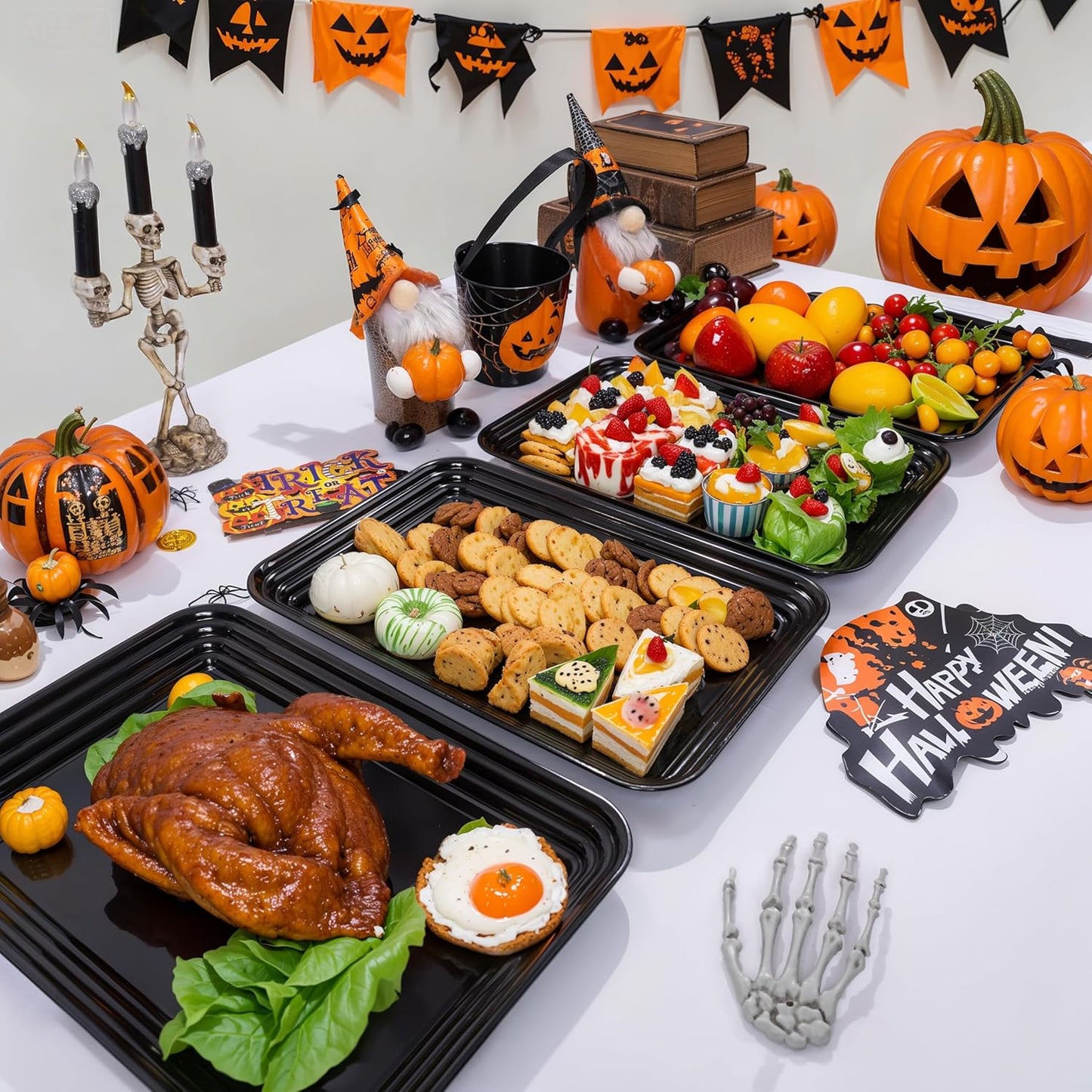 SUT 6-Pack Black Halloween Serving Trays for Entertaining-16 x 11" Serving Platters for Snacks, Fruit, Cookies Reusable Plastic Trays for Serving Food in Kitchen & Halloween Parties
