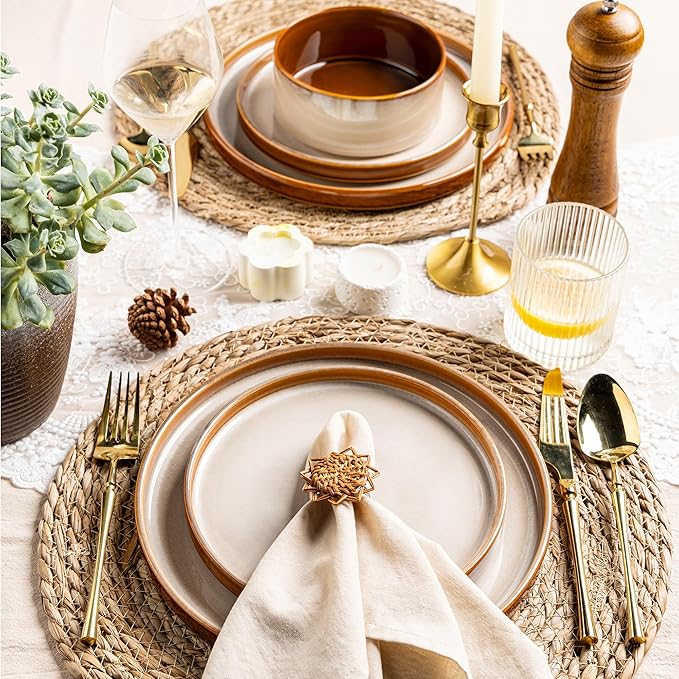 LeRatio Ceramic Dinnerware Sets for 4,Round Reactive Glaze Ceramic Plates and Bowls Set,Highly Chip and Crack Resistant | Dishwasher & Microwave Safe Dishes Set,Service for 4 (12pc)-Kahki