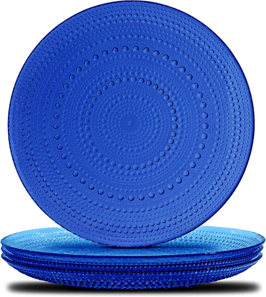 Yungala Cobalt Blue Vintage Hobnail Glass Plates – Set of 4 Authentic Pressed Glass Dinner Plates, Durable and Elegant Design that is dishwasher safe.