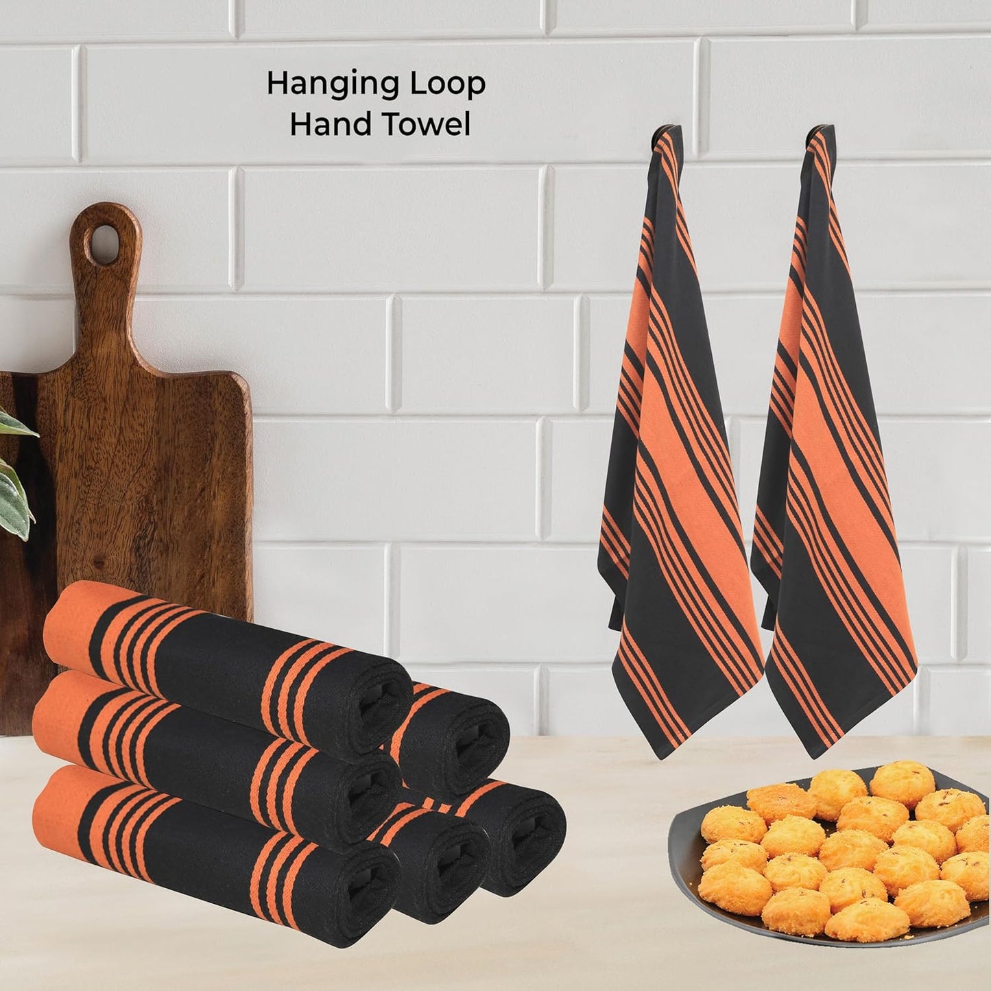 Urban Villa Halloween Kitchen Towels 100% Cotton Set of 6 Dish Towels - 20x30 Inches Highly Absorbent Quick Drying Dish Towels for Kitchen with Hanging Loop Hand & Tea Towels (Orange & Black Striped)