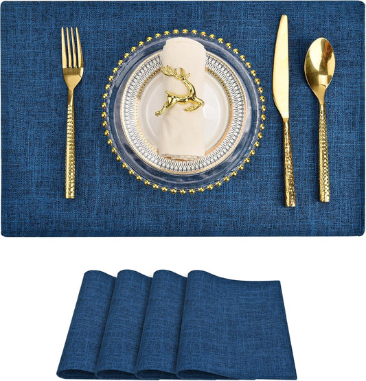 SLKQG Navy Linen-Look Fabric Placemats Set of 4, Heat Resistant & Machine Washable Double-Layered Cloth Placemats for Dining Table, Indoor/Outdoor Use, Non-Slip Kitchen Table Mats (4, Navy)