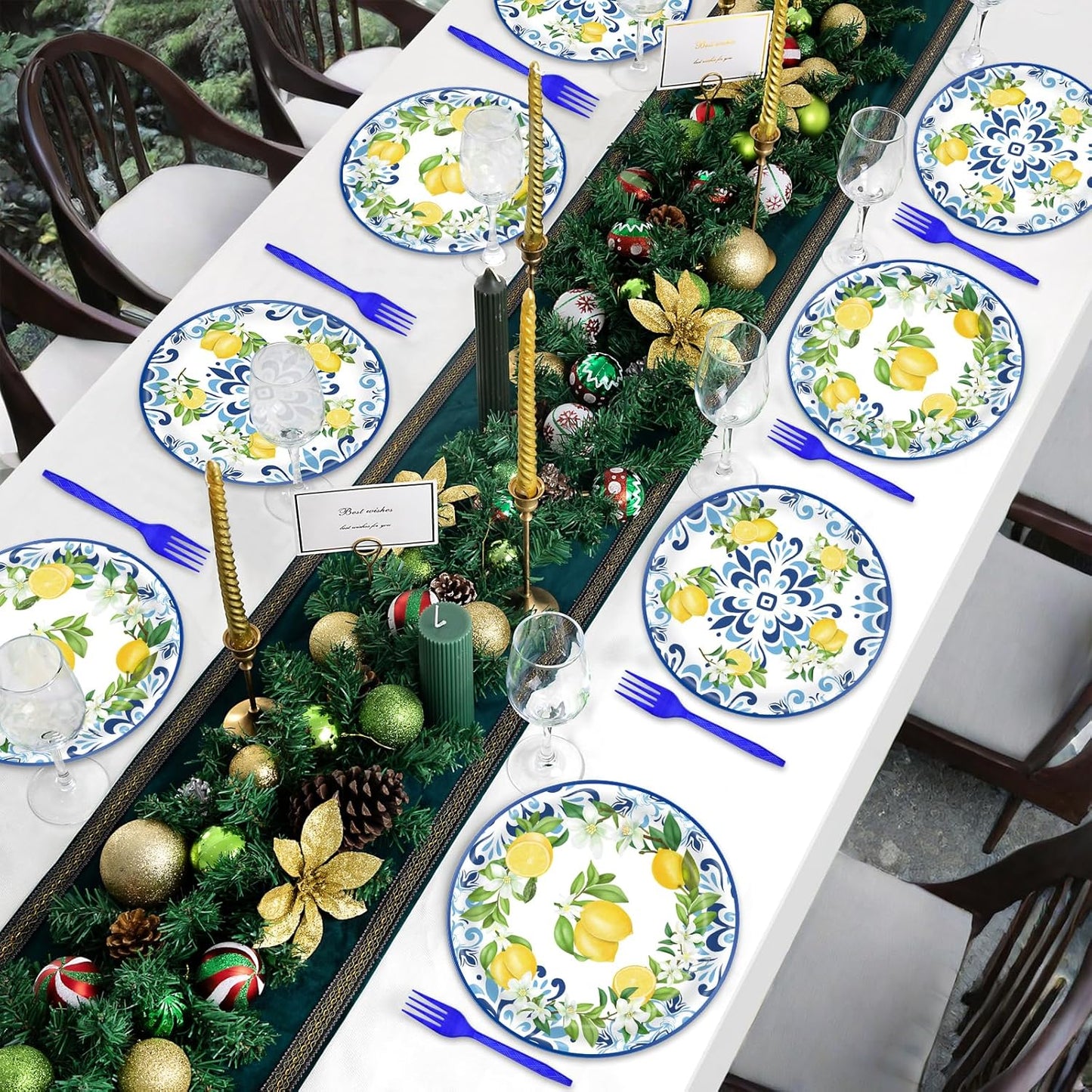 100 Pcs Lemon Tableware Party Supplies – Citrus Theme Blue Tile Disposable Plates, Napkins, and Blue Forks for Summer Parties, Picnics, BBQ, Brunch, Weddings, Birthdays, and Baby Showers – Serves 25
