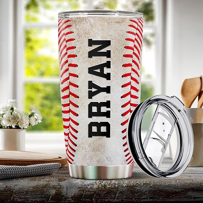 Personalized Baseball Tumbler Gifts 20oz Travel Cup Coffee Mug Stainless Steel Insulated with Lid Gift for Men Women Sports Lovers Baseball Fan Players Coach